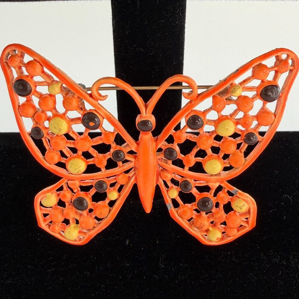Vintage 50s 60s Orange Butterfly Brooch Pin Enamel 2.75 x 2 Retro Cottage Garden